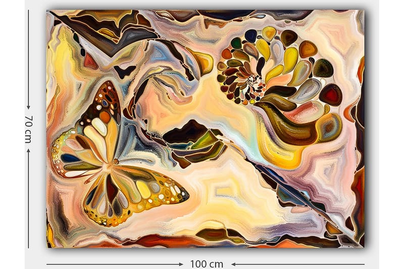 Canvastavla 70x100 cm - Färgglad fjäril som svävar över en spiralformad struktur i mjuka, organiska former - Guld / Brun / Orange - Inredning & dekor - Tavlor & konst - Canvastavla