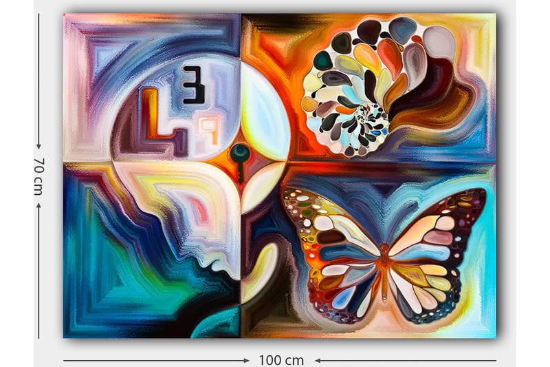 Canvastavla 70x100 cm - Färgglad fjäril som symboliserar transformation, omgiven av abstrakta former och mönster - Blå / Orange / Vit - Inredning & dekor - Tavlor & konst - Canvastavla