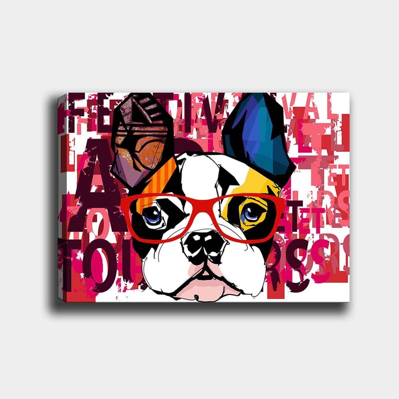 Canvastavla 70x100 cm - Färgglad fransk bulldog med glasögon och lekfulla detaljer - Vit / Svart / Röd - Inredning & dekor - Tavlor & konst - Canvastavla