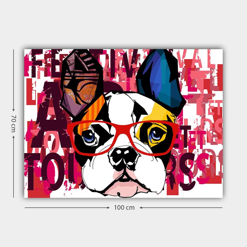 Canvastavla 70x100 cm - Färgglad fransk bulldog med glasögon och lekfulla detaljer - Vit / Svart / Röd - Inredning & dekor - Tavlor & konst - Canvastavla
