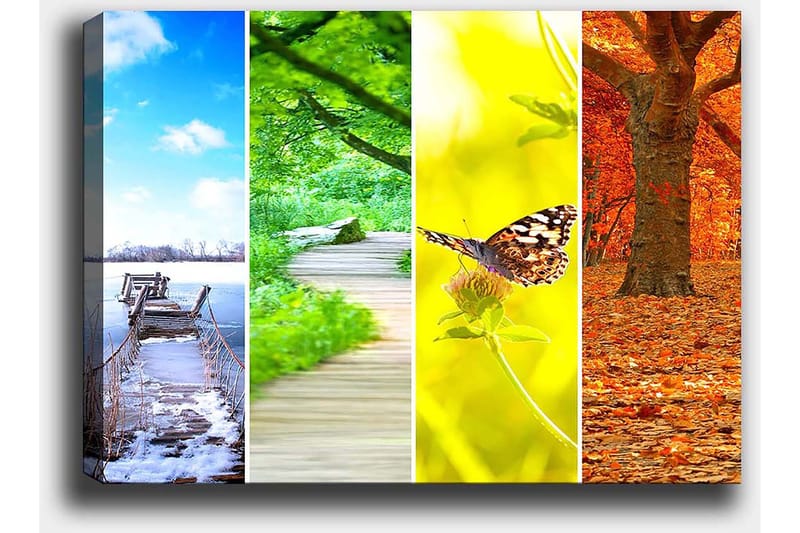 Canvastavla 70x100 cm - Färgglad fyrdelad tavla som visar olika årstider med naturmotiv - Blå / Grön / Orange - Inredning & dekor - Tavlor & konst - Canvastavla