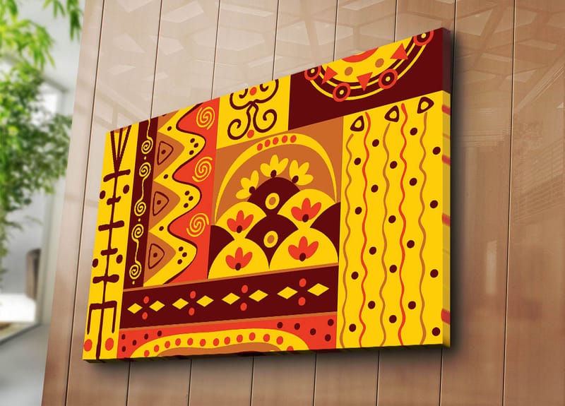 Canvastavla 70x100 cm - Färgglad geometrisk mönsterdesign med inslag av abstrakta former och symboler - Gult / Rött / Brunt - Inredning & dekor - Tavlor & konst - Canvastavla