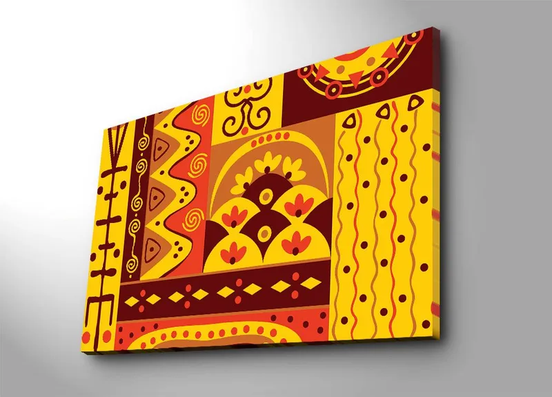 Canvastavla 70x100 cm - Färgglad geometrisk mönsterdesign med inslag av abstrakta former och symboler - Gult / Rött / Brunt - Inredning & dekor - Tavlor & konst - Canvastavla