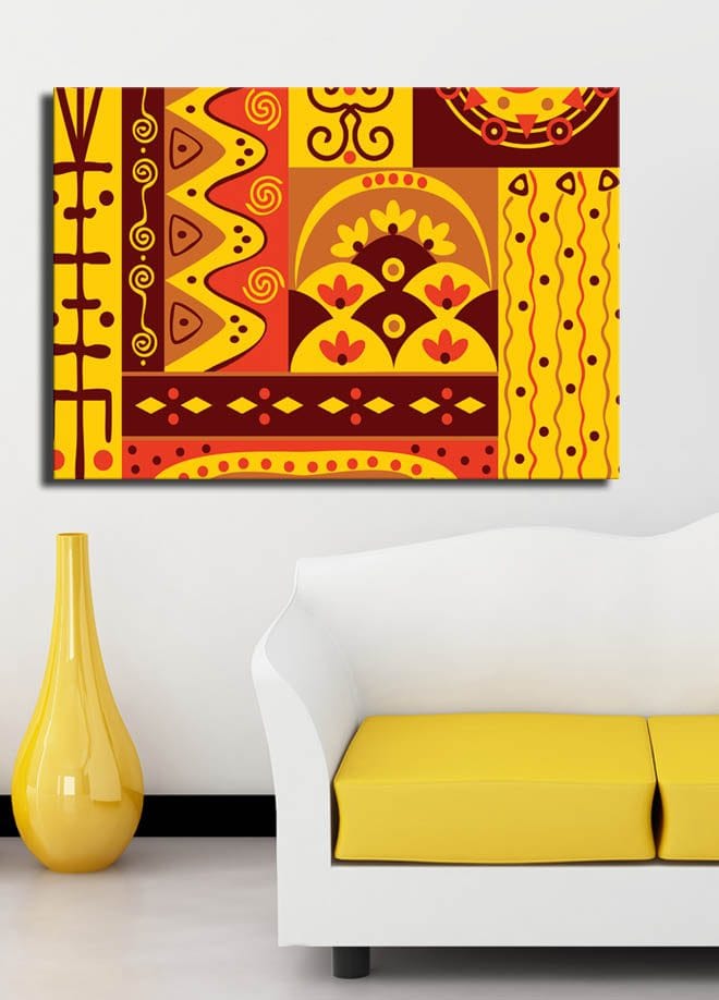 Canvastavla 70x100 cm - Färgglad geometrisk mönsterdesign med inslag av abstrakta former och symboler - Gult / Rött / Brunt - Inredning & dekor - Tavlor & konst - Canvastavla