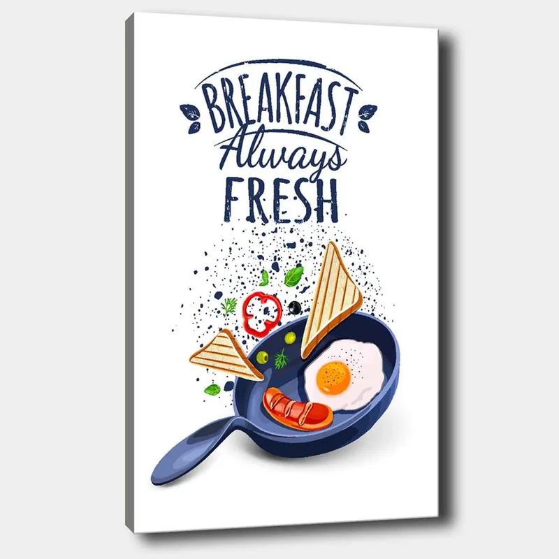 Canvastavla 70x100 cm - Färgglad illustration av en frukost med ägg, korv och rostat bröd i en stekpanna, Blå / Gul / Röd