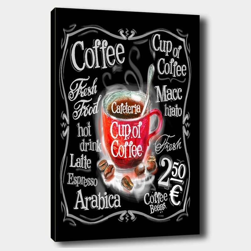 Canvastavla 70x100 cm - Färgglad kaffekopp med ånga som stiger upp, omgiven av text och kaffebönor - Röd / Svart / Vit - Inredning & dekor - Tavlor & konst - Canvastavla