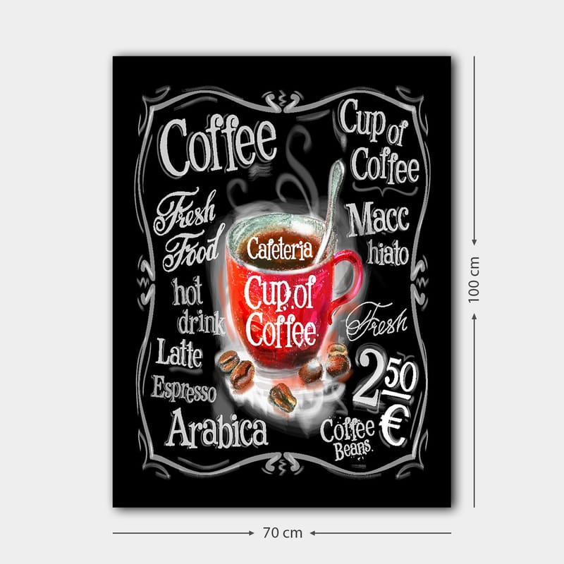Canvastavla 70x100 cm - Färgglad kaffekopp med ånga som stiger upp, omgiven av text och kaffebönor - Röd / Svart / Vit - Inredning & dekor - Tavlor & konst - Canvastavla