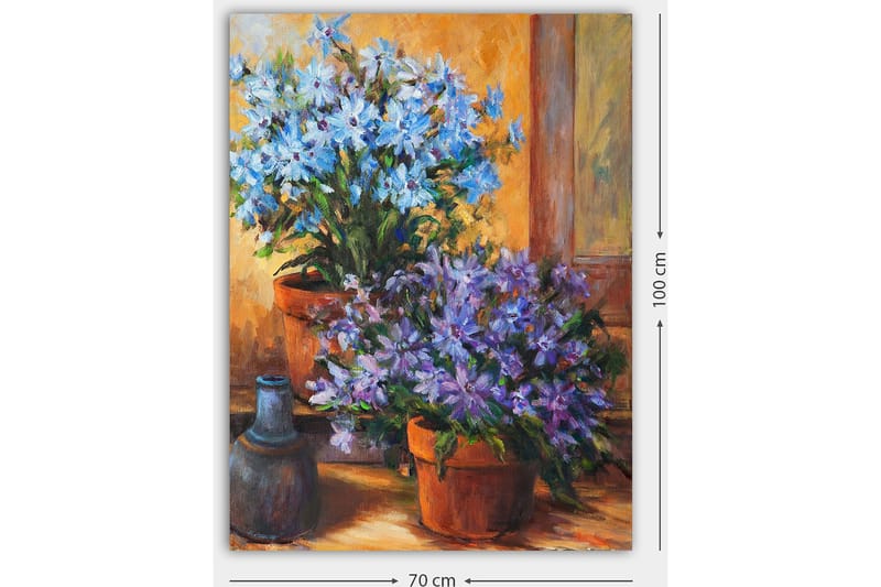 Canvastavla 70x100 cm - Färgglad komposition av blå och lila blommor i krukor - Blå / Lila / Grön - Inredning & dekor - Tavlor & konst - Canvastavla