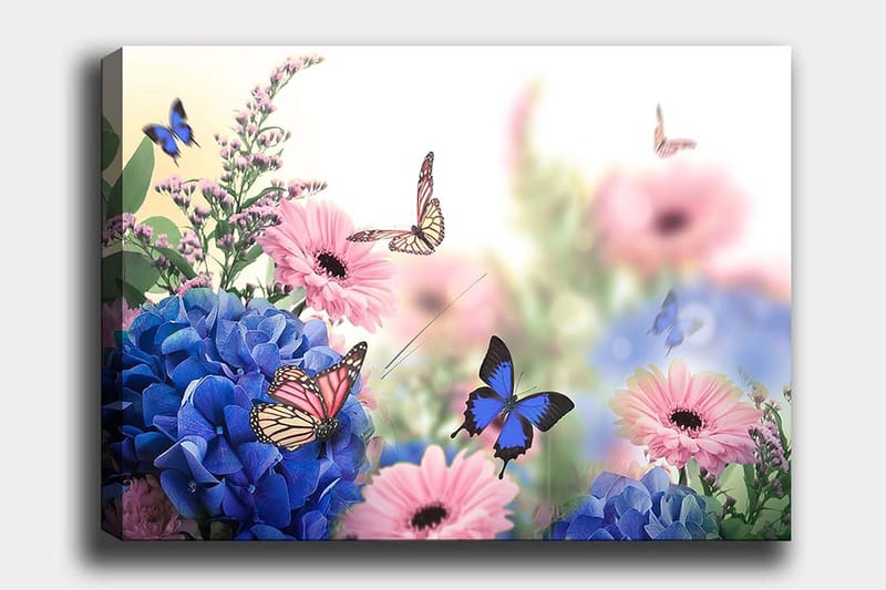 Canvastavla 70x100 cm - Färgglad komposition av blommor och fjärilar i en harmonisk naturmiljö, Blå / Rosa / Lila