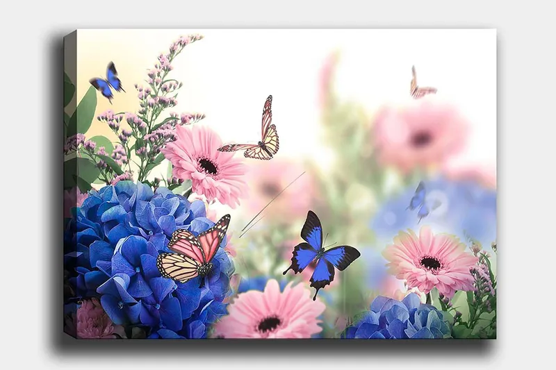 Canvastavla 70x100 cm - Färgglad komposition av blommor och fjärilar i en harmonisk naturmiljö, Blå / Rosa / Lila