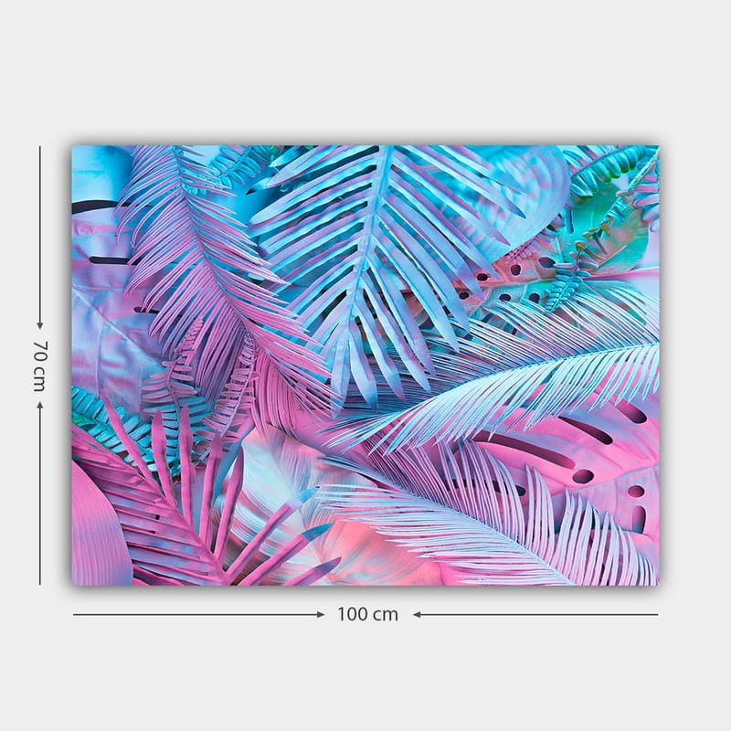 Canvastavla 70x100 cm - Färgglad komposition av tropiska palmblad i rosa och blå nyanser - Rosa / Blå / Turkos - Inredning & dekor - Tavlor & konst - Canvastavla