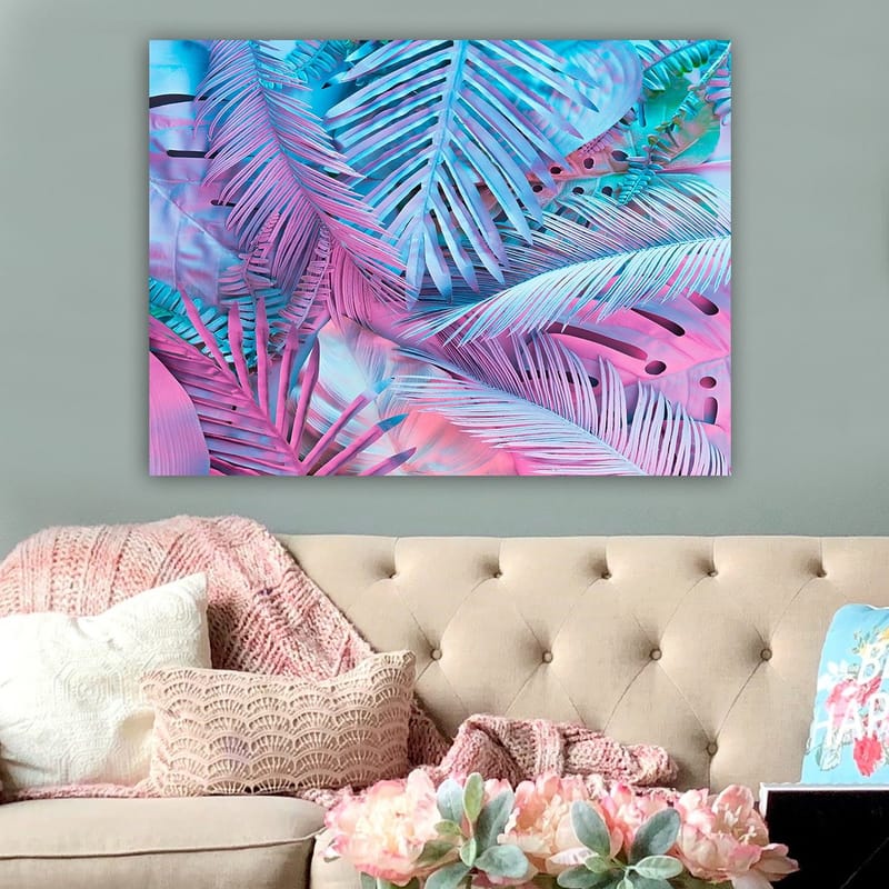 Canvastavla 70x100 cm - Färgglad komposition av tropiska palmblad i rosa och blå nyanser - Rosa / Blå / Turkos - Inredning & dekor - Tavlor & konst - Canvastavla