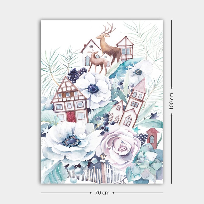 Canvastavla 70x100 cm - Färgglad komposition med blommor, hus och djur i en harmonisk landskapsdesign - Vit / Grön / Brun - Inredning & dekor - Tavlor & konst - Canvastavla