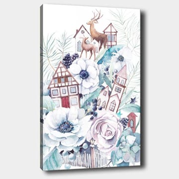Canvastavla 70x100 cm - Färgglad komposition med blommor, hus och djur i en harmonisk landskapsdesign - Vit / Grön / Brun - Inredning & dekor - Tavlor & konst - Canvastavla