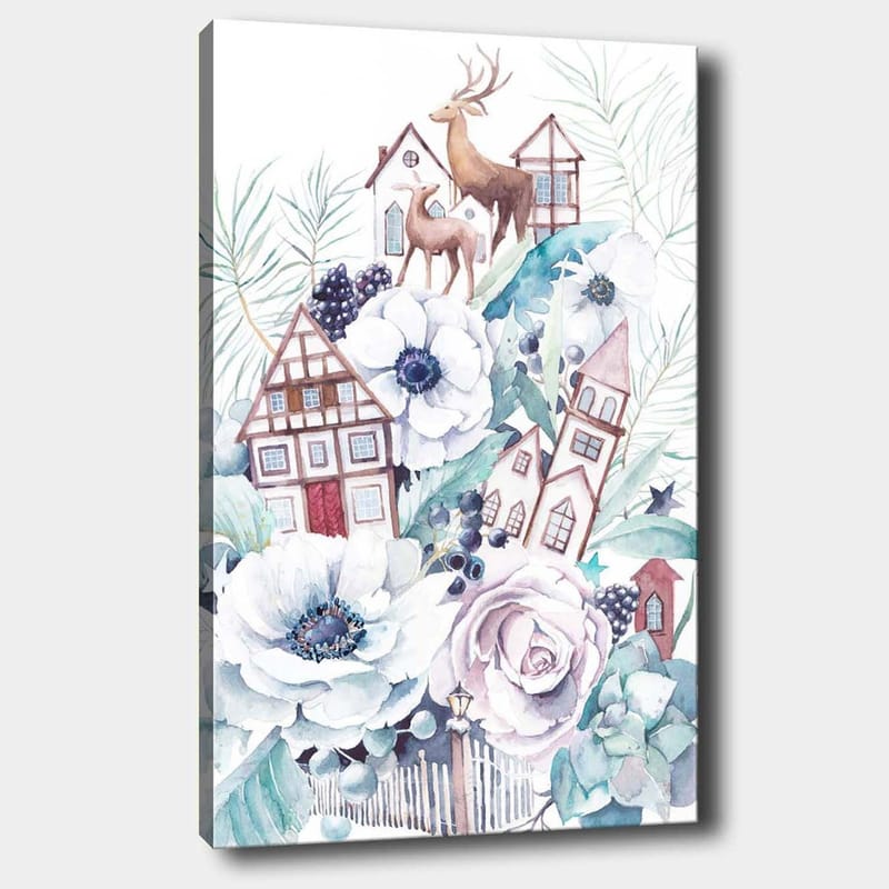 Canvastavla 70x100 cm - Färgglad komposition med blommor, hus och djur i en harmonisk landskapsdesign - Vit / Grön / Brun - Inredning & dekor - Tavlor & konst - Canvastavla