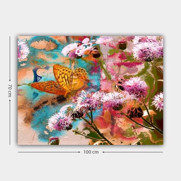 Canvastavla 70x100 cm - Färgglad målning med en fjäril som sitter på blommor i en livlig naturmiljö - Orange / Rosa / Grön - Inredning & dekor - Tavlor & konst - Canvastavla