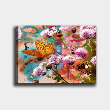 Canvastavla 70x100 cm - Färgglad målning med en fjäril som sitter på blommor i en livlig naturmiljö - Orange / Rosa / Grön - Inredning & dekor - Tavlor & konst - Canvastavla