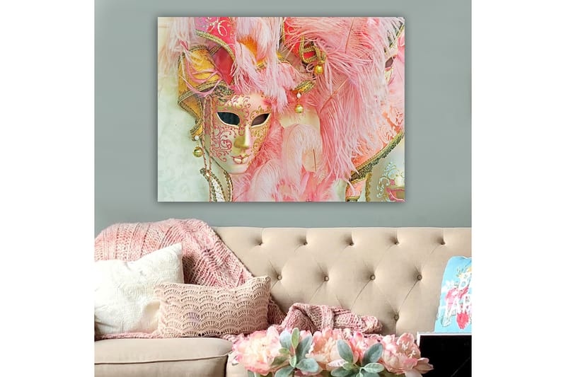 Canvastavla 70x100 cm - Färgglad maskeradmask prydd med fjädrar och ornament, som fångar den festliga atmosfären av en maskeradbal, Rosa / Guld / Vit