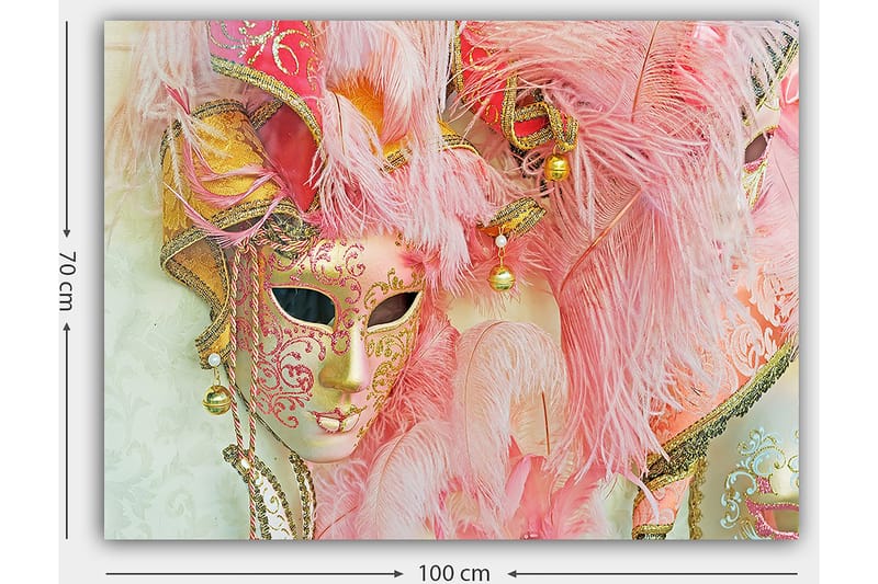 Canvastavla 70x100 cm - Färgglad maskeradmask prydd med fjädrar och ornament, som fångar den festliga atmosfären av en maskeradbal - Rosa / Guld / Vit - Inredning & dekor - Tavlor & konst - Canvastavla