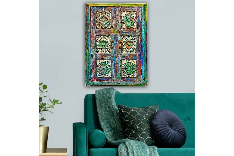 Canvastavla 70x100 cm - Färgglad och detaljerad dörr med intrikata sniderier och mönster - Grön / Blå / Röd - Inredning & dekor - Tavlor & konst - Canvastavla