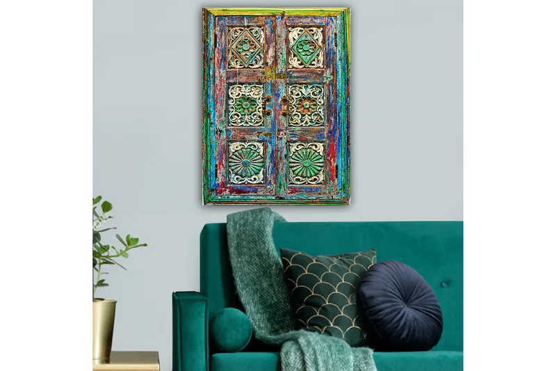 Canvastavla 70x100 cm - Färgglad och detaljerad dörr med intrikata sniderier och mönster - Grön / Blå / Röd - Inredning & dekor - Tavlor & konst - Canvastavla