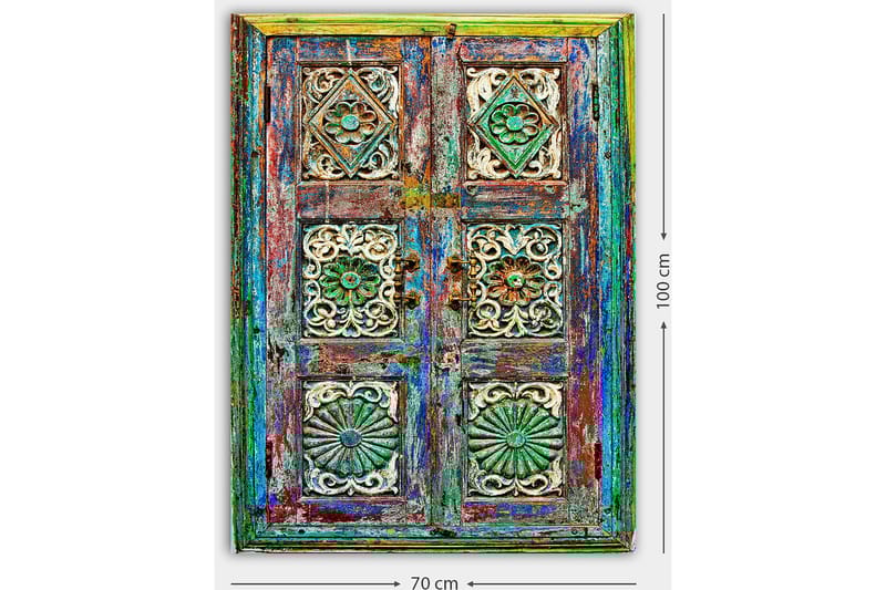 Canvastavla 70x100 cm - Färgglad och detaljerad dörr med intrikata sniderier och mönster - Grön / Blå / Röd - Inredning & dekor - Tavlor & konst - Canvastavla