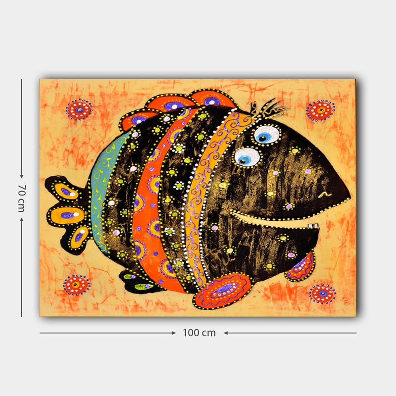 Canvastavla 70x100 cm - Färgglad och lekfull fisk med mönster och stora ögon - Svart / Orange / Blå - Inredning & dekor - Tavlor & konst - Canvastavla