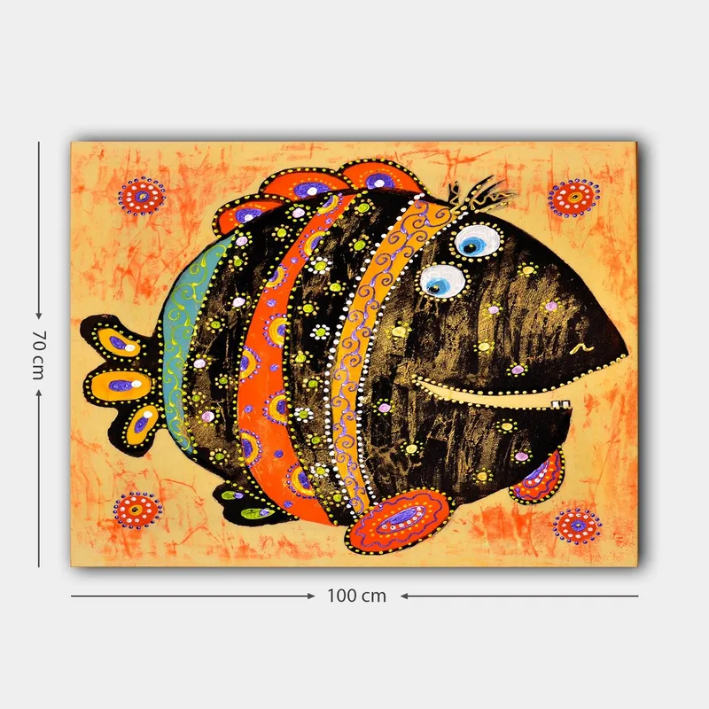 Canvastavla 70x100 cm - Färgglad och lekfull fisk med mönster och stora ögon - Svart / Orange / Blå - Inredning & dekor - Tavlor & konst - Canvastavla