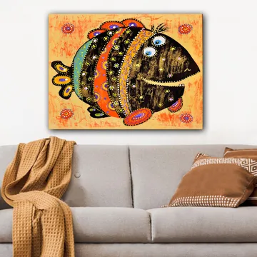 Canvastavla 70x100 cm - Färgglad och lekfull fisk med mönster och stora ögon - Svart / Orange / Blå - Inredning & dekor - Tavlor & konst - Canvastavla