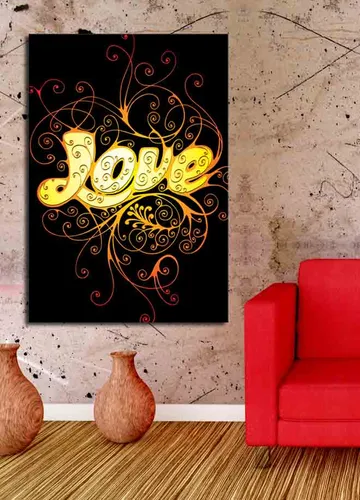 Canvastavla 70x100 cm - Färgglad och lekfull illustration av ordet Love med dekorativa spiraler - Gul / Orange / Röd - Inredning & dekor - Tavlor & konst - Canvastavla