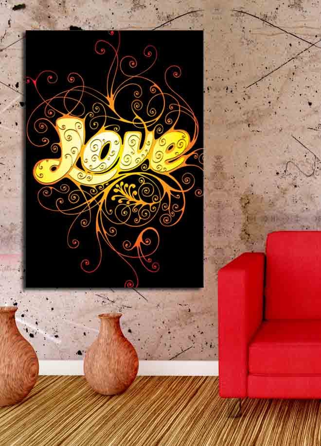 Canvastavla 70x100 cm - Färgglad och lekfull illustration av ordet Love med dekorativa spiraler - Gul / Orange / Röd - Inredning & dekor - Tavlor & konst - Canvastavla