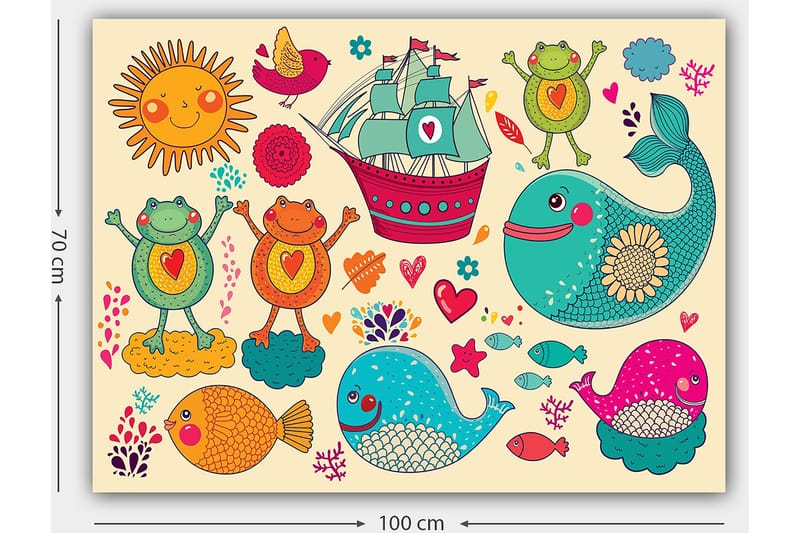 Canvastavla 70x100 cm - Färgglad och lekfull illustration med glada grodor, fiskar och ett fartyg i en fantasifull maritim miljö - Turkos / Orange / Rosa - Inredning & dekor - Tavlor & konst - Canvastavla