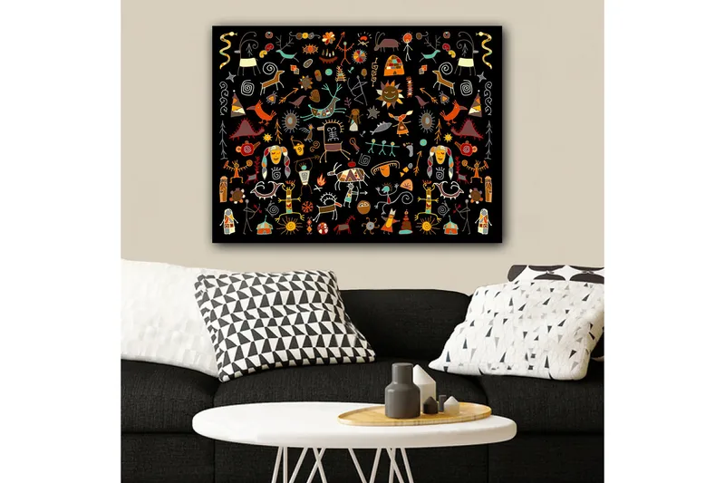 Canvastavla 70x100 cm - Färgglad och lekfull samling av symboler och figurer som representerar natur och kultur, Röd / Gul / Svart