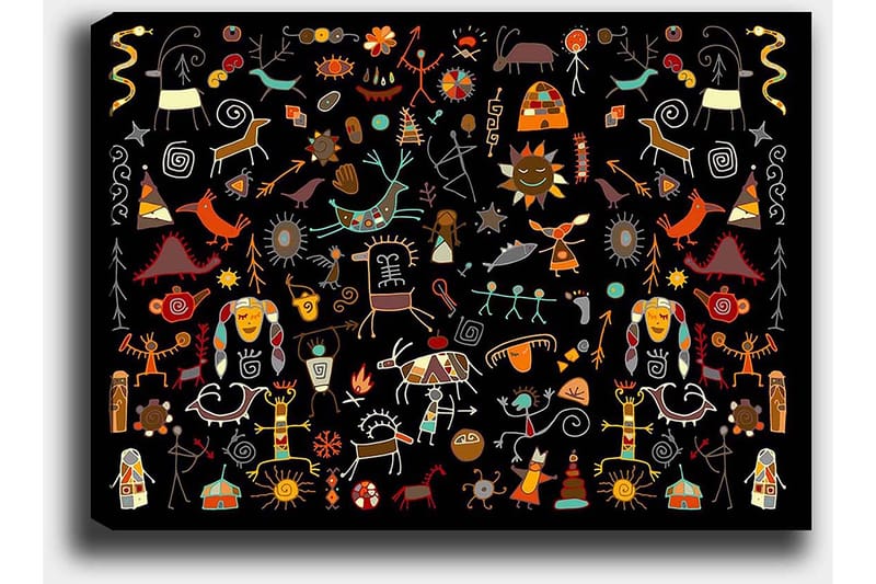 Canvastavla 70x100 cm - Färgglad och lekfull samling av symboler och figurer som representerar natur och kultur - Röd / Gul / Svart - Inredning & dekor - Tavlor & konst - Canvastavla