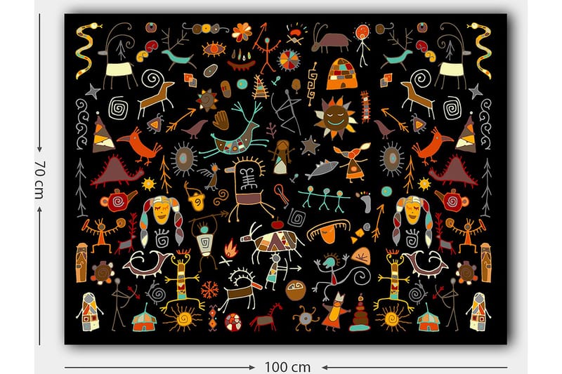 Canvastavla 70x100 cm - Färgglad och lekfull samling av symboler och figurer som representerar natur och kultur - Röd / Gul / Svart - Inredning & dekor - Tavlor & konst - Canvastavla