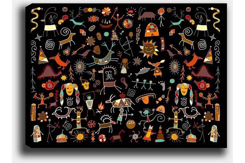 Canvastavla 70x100 cm - Färgglad och lekfull samling av symboler och figurer som representerar natur och kultur - Röd / Gul / Svart - Inredning & dekor - Tavlor & konst - Canvastavla