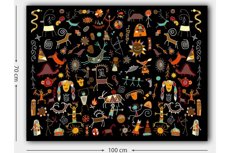 Canvastavla 70x100 cm - Färgglad och lekfull samling av symboler och figurer som representerar natur och kultur - Röd / Gul / Svart - Inredning & dekor - Tavlor & konst - Canvastavla