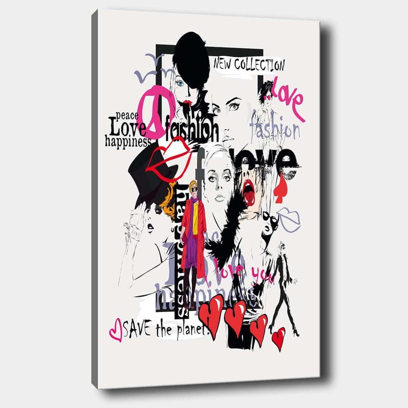 Canvastavla 70x100 cm - Färgglad och modern collage av modeikoner och uttryck för kärlek och fred - Rosa / Svart / Röd - Inredning & dekor - Tavlor & konst - Canvastavla