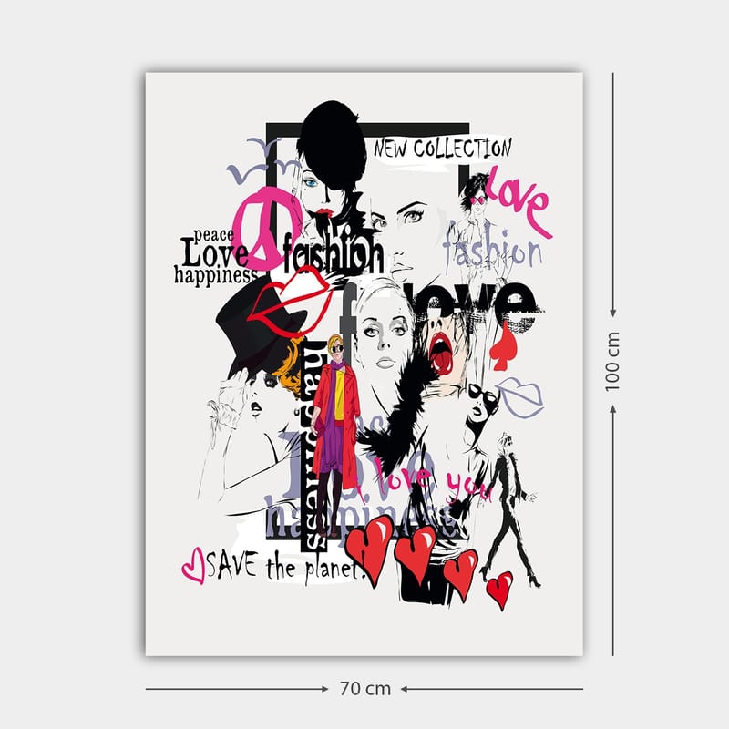 Canvastavla 70x100 cm - Färgglad och modern collage av modeikoner och uttryck för kärlek och fred - Rosa / Svart / Röd - Inredning & dekor - Tavlor & konst - Canvastavla