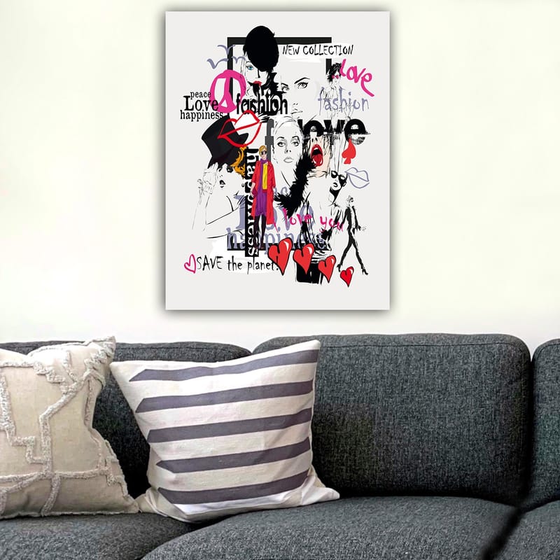 Canvastavla 70x100 cm - Färgglad och modern collage av modeikoner och uttryck för kärlek och fred - Rosa / Svart / Röd - Inredning & dekor - Tavlor & konst - Canvastavla