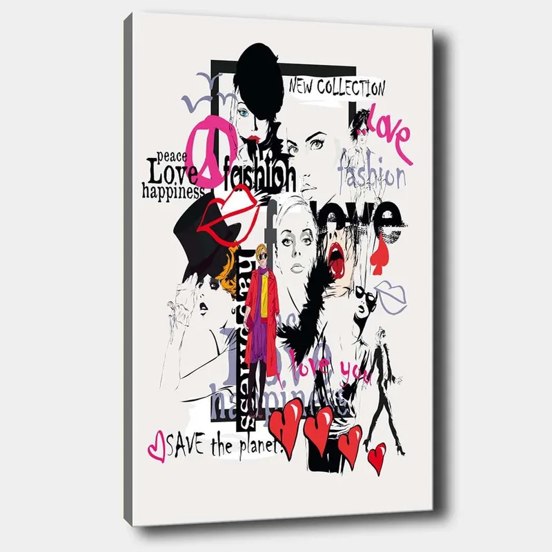 Canvastavla 70x100 cm - Färgglad och modern collage av modeikoner och uttryck för kärlek och fred, Rosa / Svart / Röd