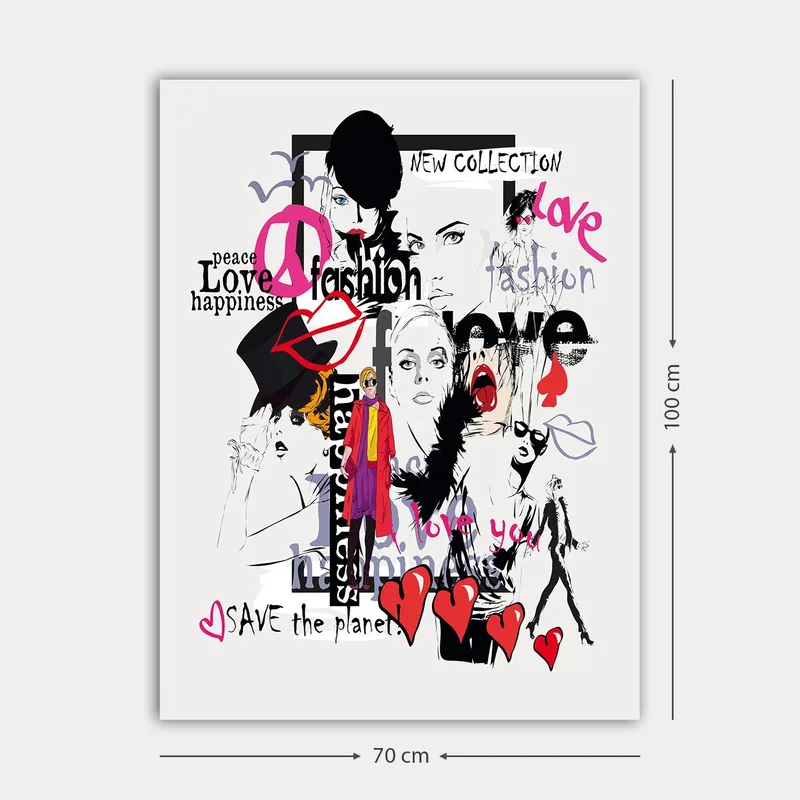 Canvastavla 70x100 cm - Färgglad och modern collage av modeikoner och uttryck för kärlek och fred - Rosa / Svart / Röd - Inredning & dekor - Tavlor & konst - Canvastavla