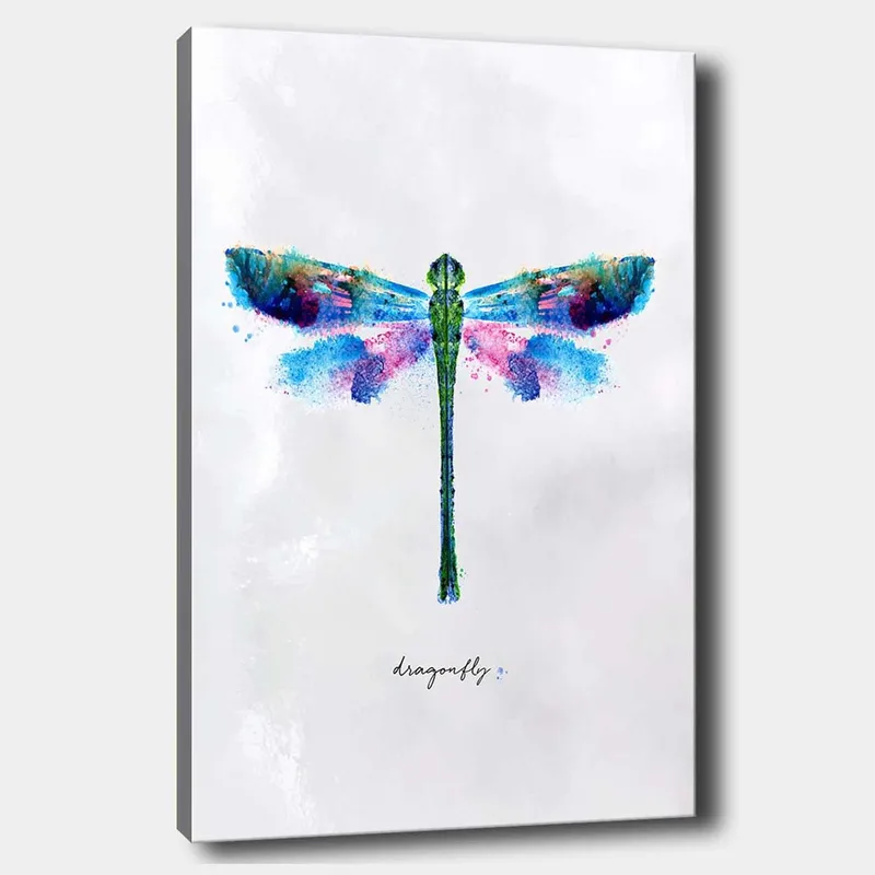 Canvastavla 70x100 cm - Färgglad och stiliserad avbildning av en trollslända, Grön / Blå / Rosa