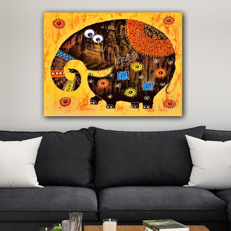 Canvastavla 70x100 cm - Färgglad och stiliserad elefant med mönster och detaljer - Mörkbrun / Orange / Gul - Inredning & dekor - Tavlor & konst - Canvastavla