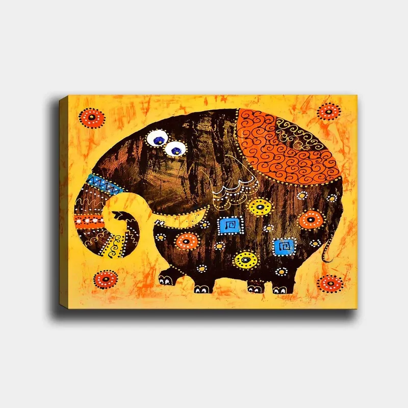 Canvastavla 70x100 cm - Färgglad och stiliserad elefant med mönster och detaljer, Mörkbrun / Orange / Gul