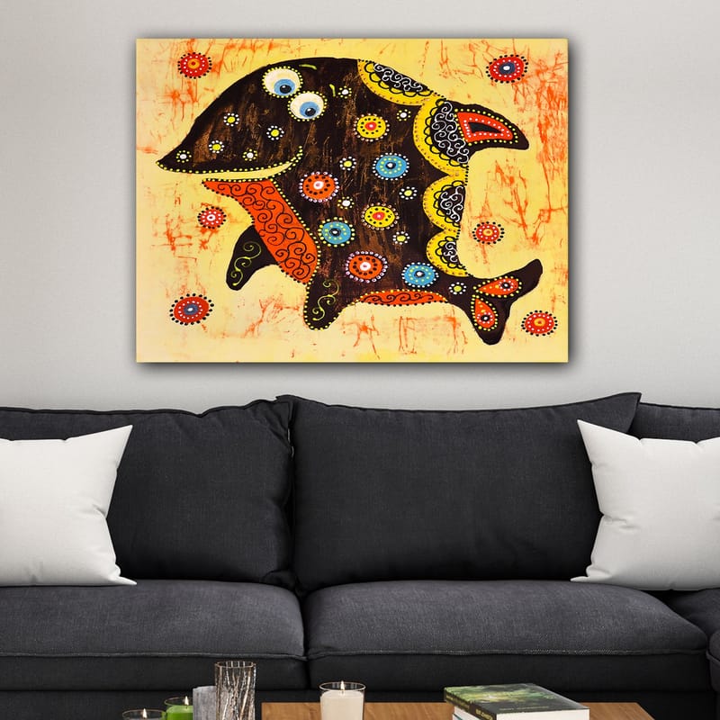 Canvastavla 70x100 cm - Färgglad och stiliserad fisk med mönster och detaljer i olika färger - Svart / Orange / Gul - Inredning & dekor - Tavlor & konst - Canvastavla