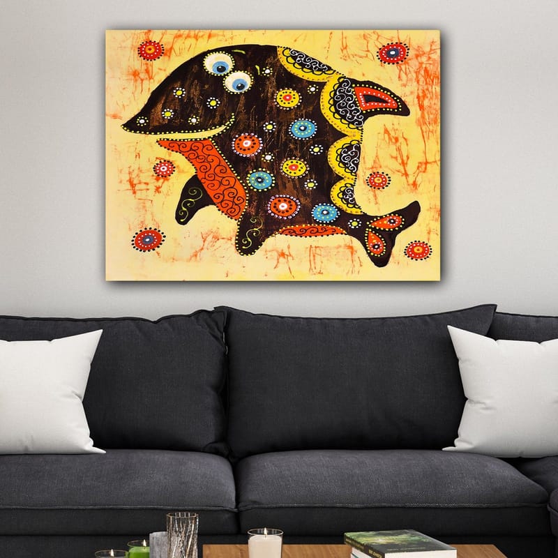 Canvastavla 70x100 cm - Färgglad och stiliserad fisk med mönster och detaljer i olika färger - Svart / Orange / Gul - Inredning & dekor - Tavlor & konst - Canvastavla