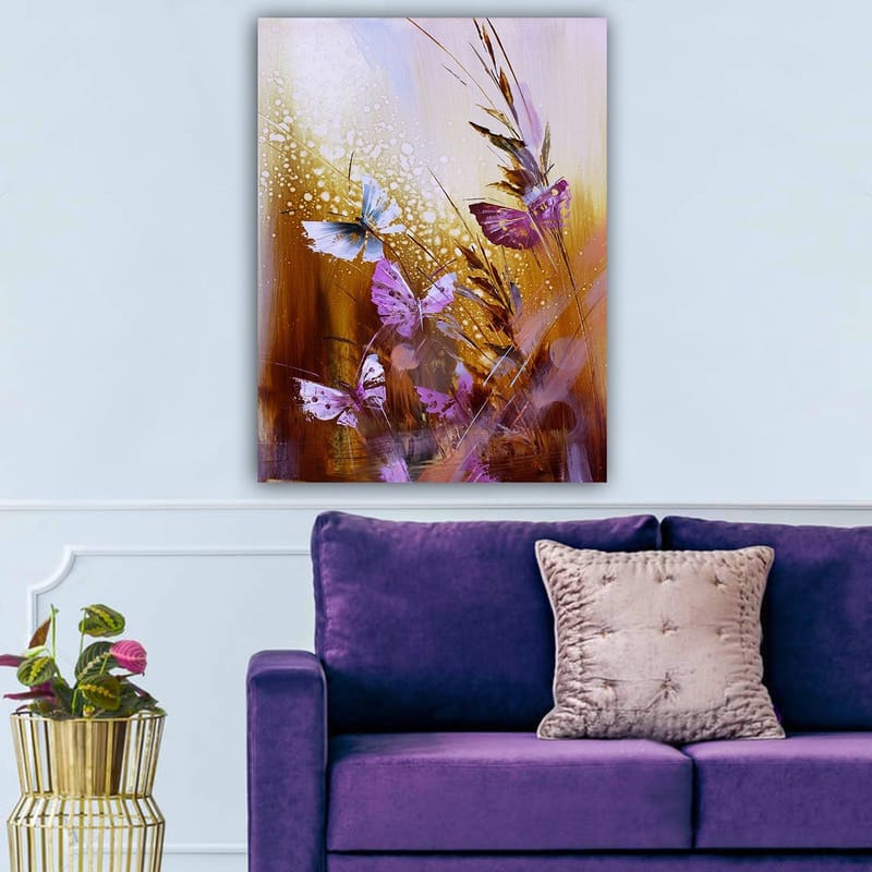 Canvastavla 70x100 cm - Färgglad samling av fjärilar i en naturmiljö - Lila / Blå / Guldbrun - Inredning & dekor - Tavlor & konst - Canvastavla