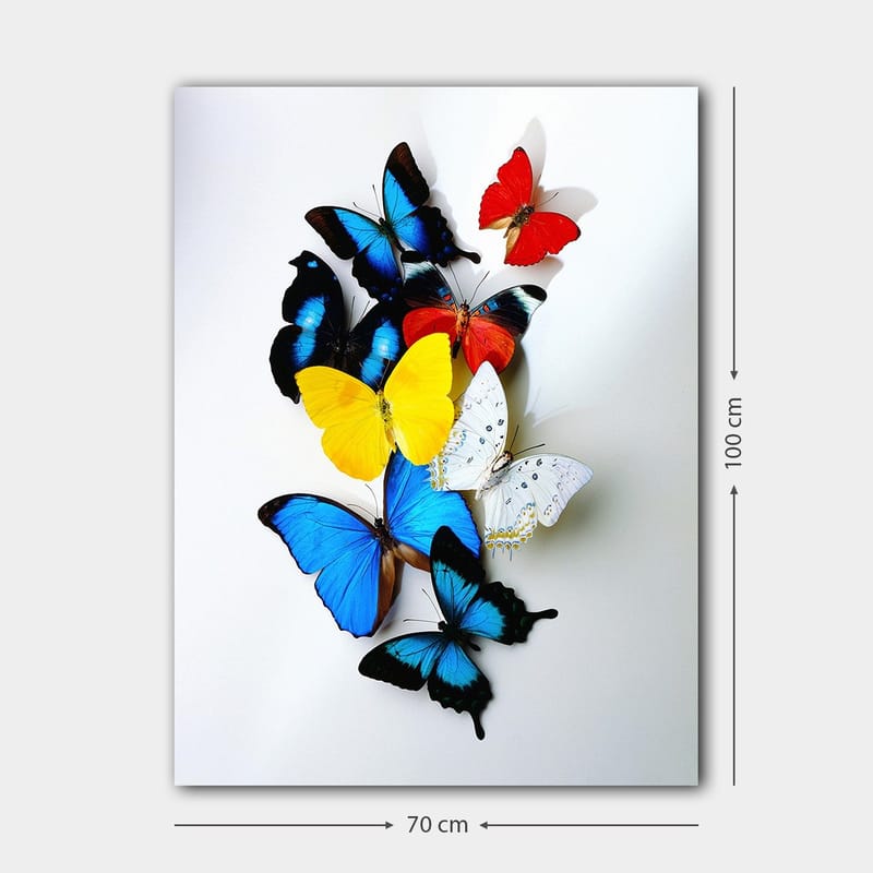 Canvastavla 70x100 cm - Färgglad samling av fjärilar i olika nyanser som skapar en livfull och dynamisk komposition - Blå / Gul / Röd - Inredning & dekor - Tavlor & konst - Canvastavla