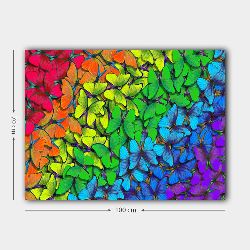 Canvastavla 70x100 cm - Färgglad samling av fjärilar i olika nyanser som skapar en livfull och harmonisk komposition - Grön / Blå / Orange - Inredning & dekor - Tavlor & konst - Canvastavla